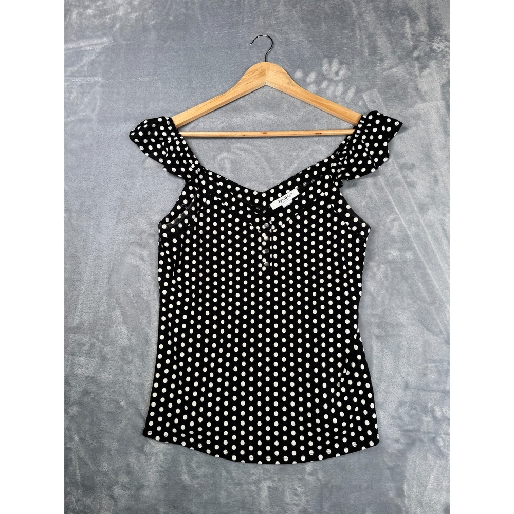 White House Black Market Blouse Womens S Black White Polka Dot Flutter Sleeve